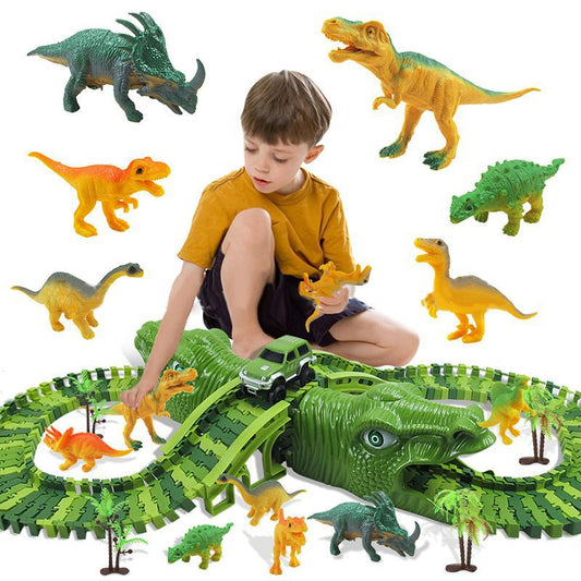 153pcs Dinosaur Electric Rail Car Track Racing Toy Set Bend Flexible Race Track Flash Light Car Educational Toys for Kids Gift